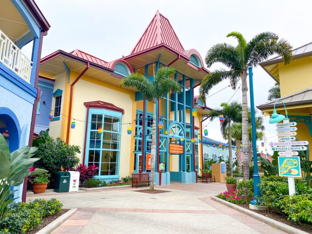 photo of the outside of Caribbean themed buildings at the Caribbean Beach resort, best Disney resort for adults