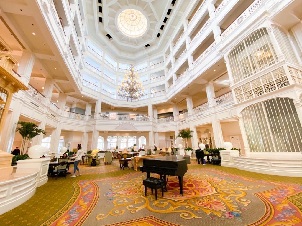 photo of the grand piano inside the fabulous Grand Floridian, best Disney resort for adults