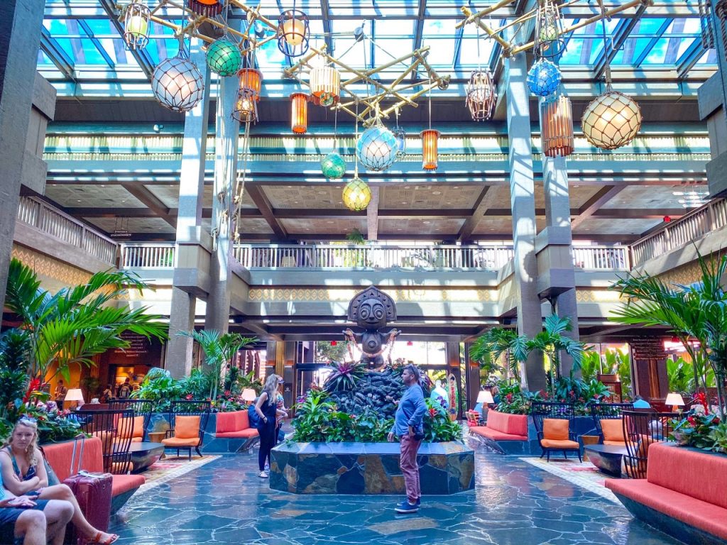 photo of well lit lobby area of the deluxe Disney resort, the Polynesian, best Disney resort for adults