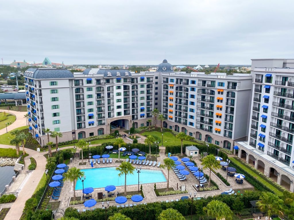 aerial photo of the hotel building and pool of the Riviera resort, best Disney resort for adults