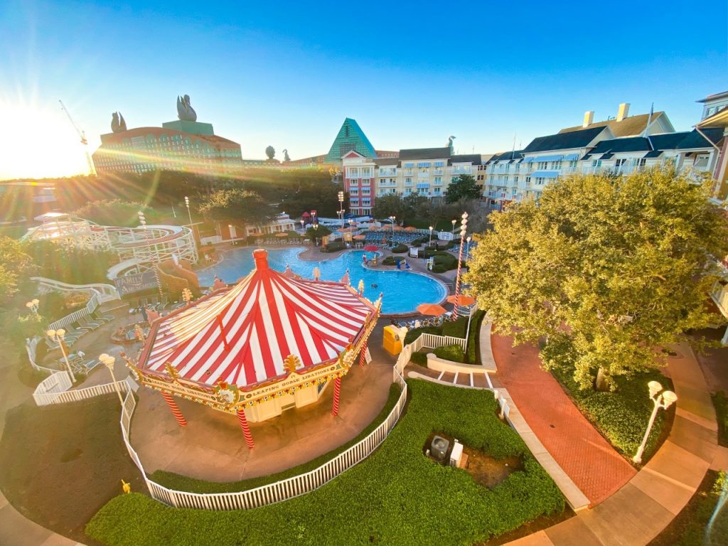 photo of the circus themed pool area at the Boardwalk inn; best Disney resort for kids