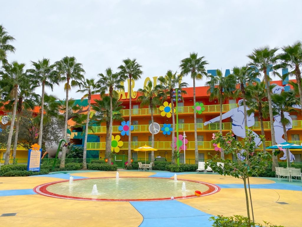 photo of the brightly coloured exterior of Pop Century, best Disney resort for kids
