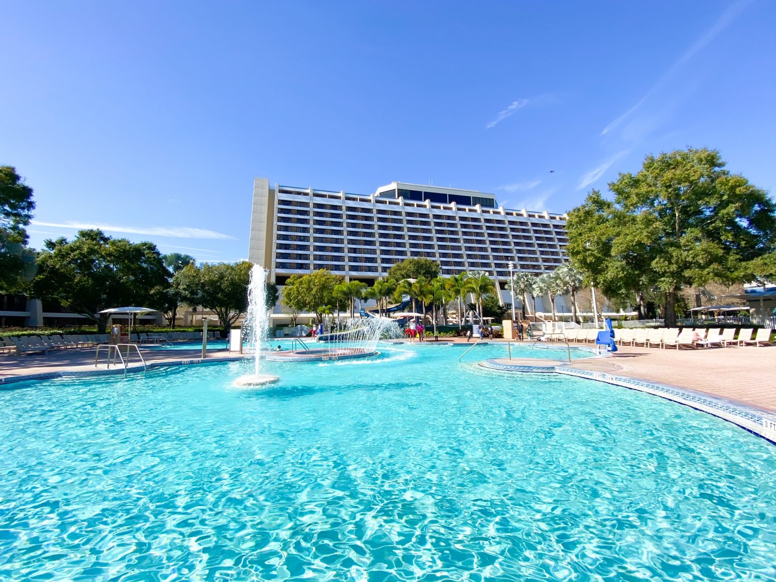 Disney Monorail Hotels Contemporary resort outside pool with fountains