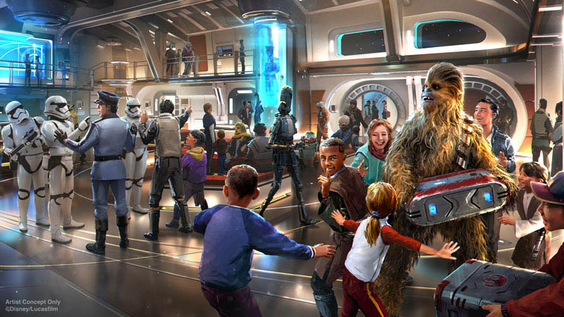 artist rendition of the atrium onboard the Halycon of the Disney Star Wars Hotel