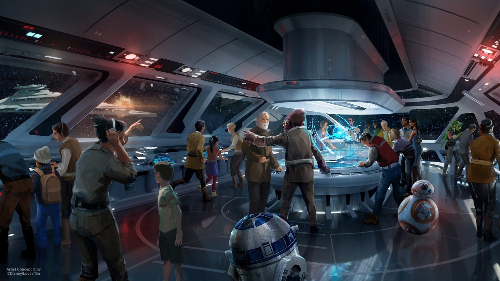 artist rendition of the Disney Star Wars Hotel's battle area with a full view of space
