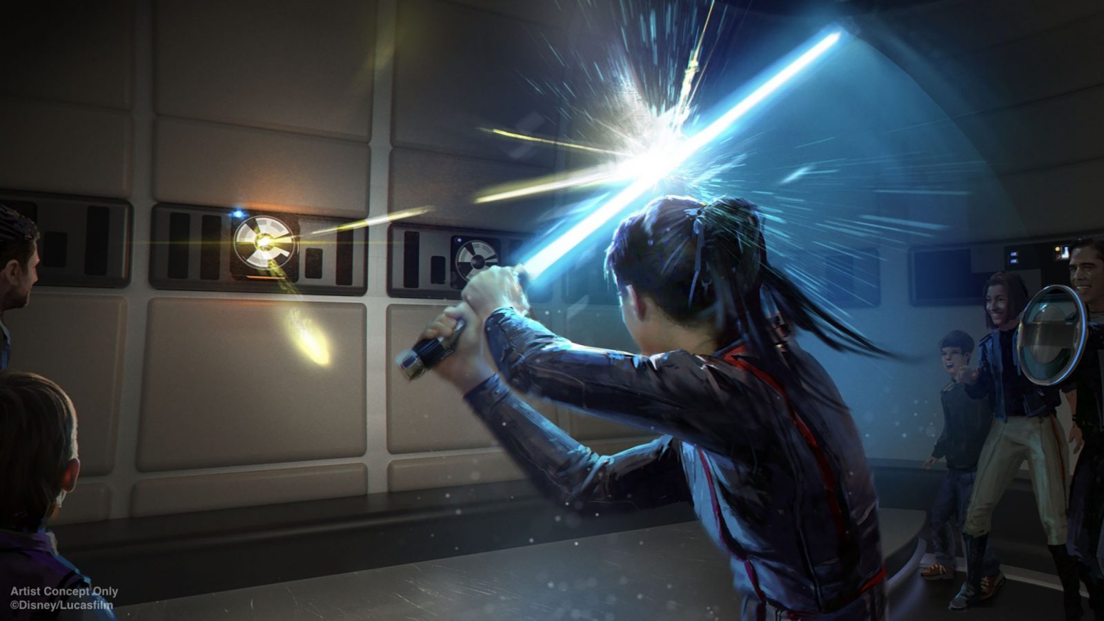 artist rendition of a girl wielding a lightsaber onboard the Halycon of the Disney Star Wars Hotel
