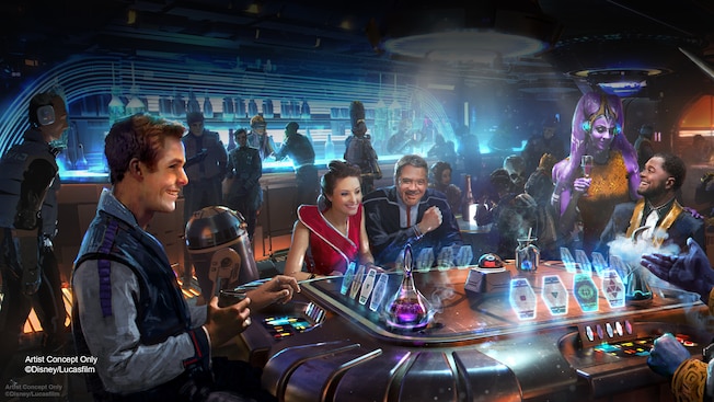 artist rendition of the lounge onboard the Halycon in the Disney Star Wars Hotel