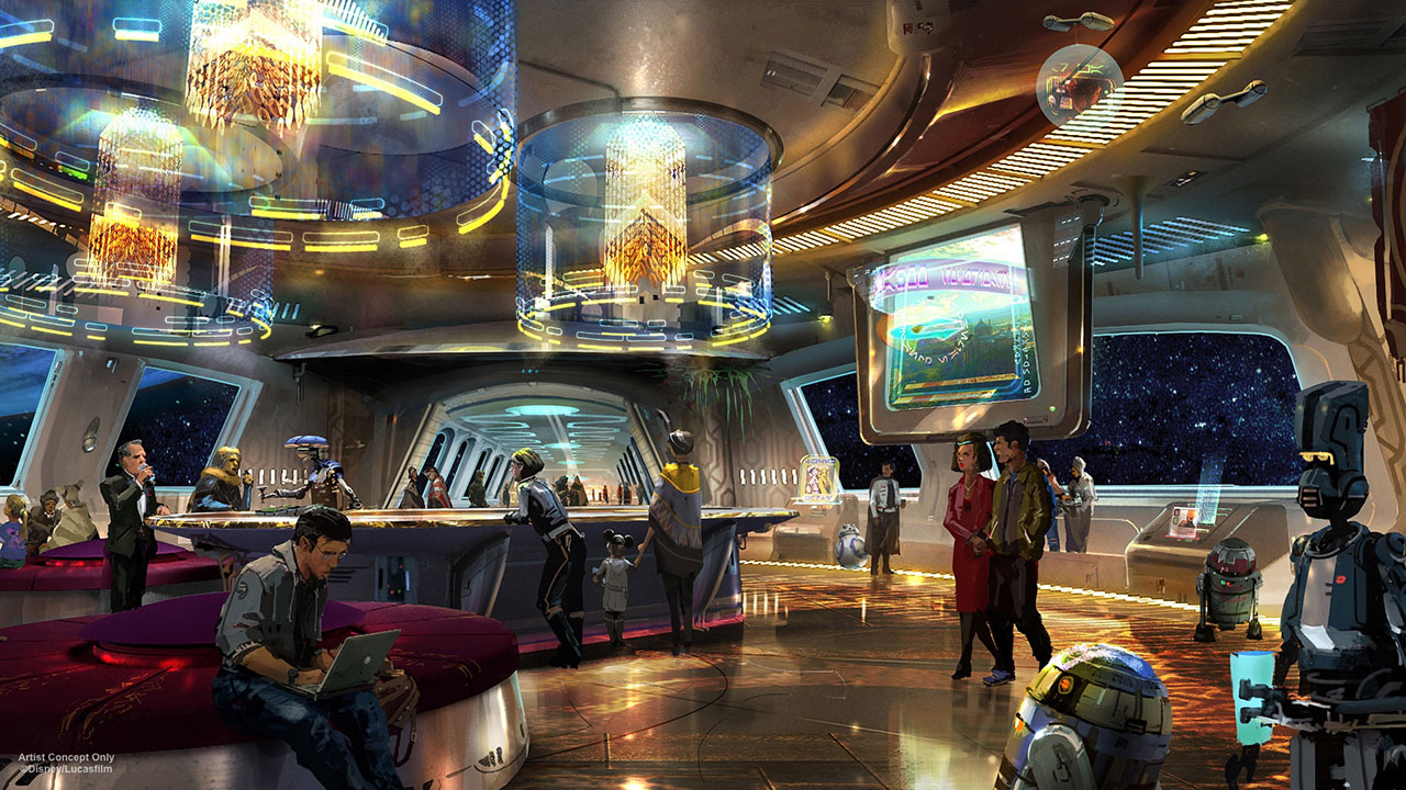 artist rendition of a sitting area in the Disney's Star Wars Hotel