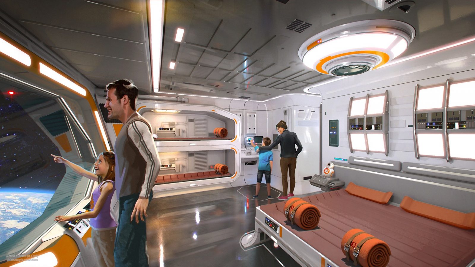 artist rendition of a room onboard the Halycon of the Disney Star Wars Hotel