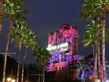 view from Sunset Boulevard of the Tower of Terror Hotel Ride at night