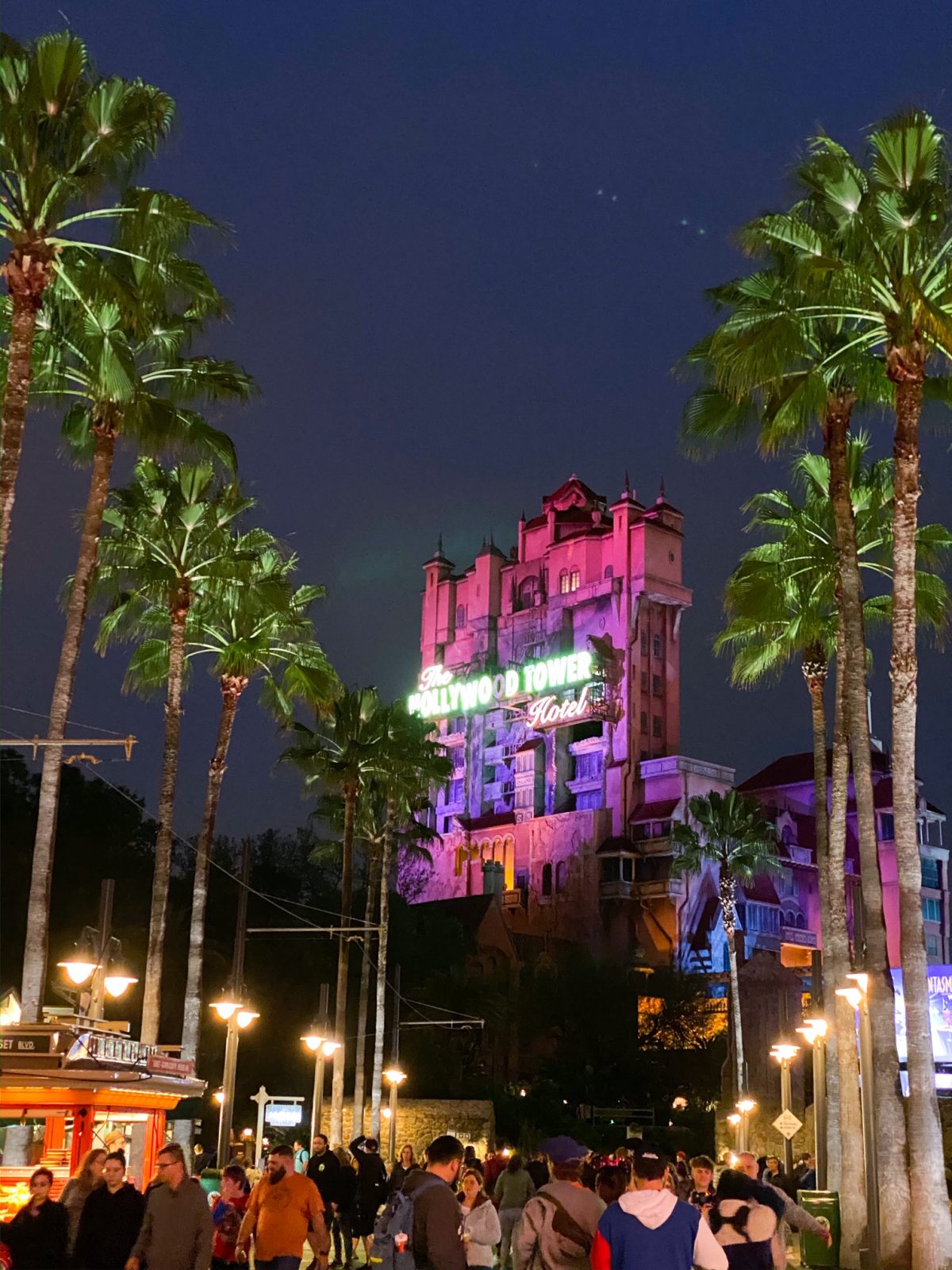 view from Sunset Boulevard of the Tower of Terror Hotel Ride at night