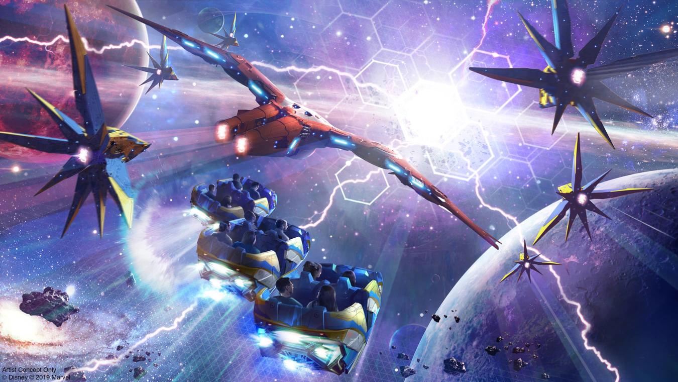 artist rendition of the guardians of the galaxy cosmic rewind vehicles traveling through space