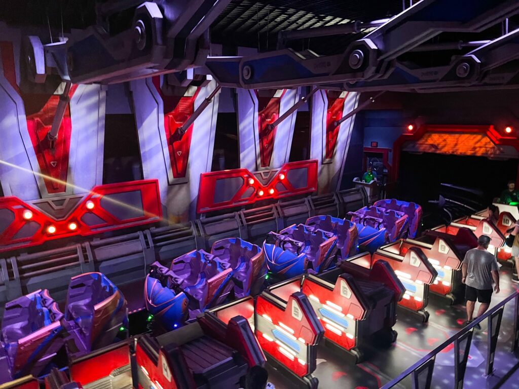 Vehicles inside Guardians of the Galaxy: Cosmic Rewind, one of the best Disney thrill ride. 