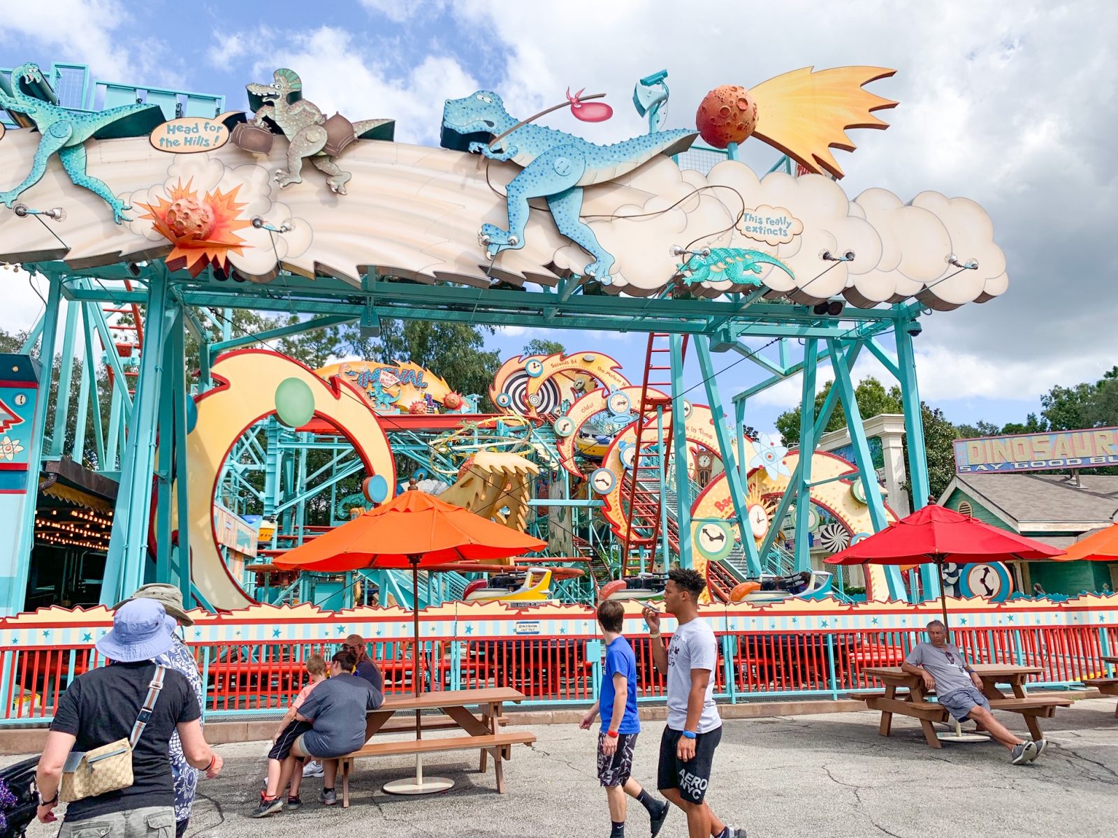 view of the entire Primeval Whirl coaster ride located in Dinoland