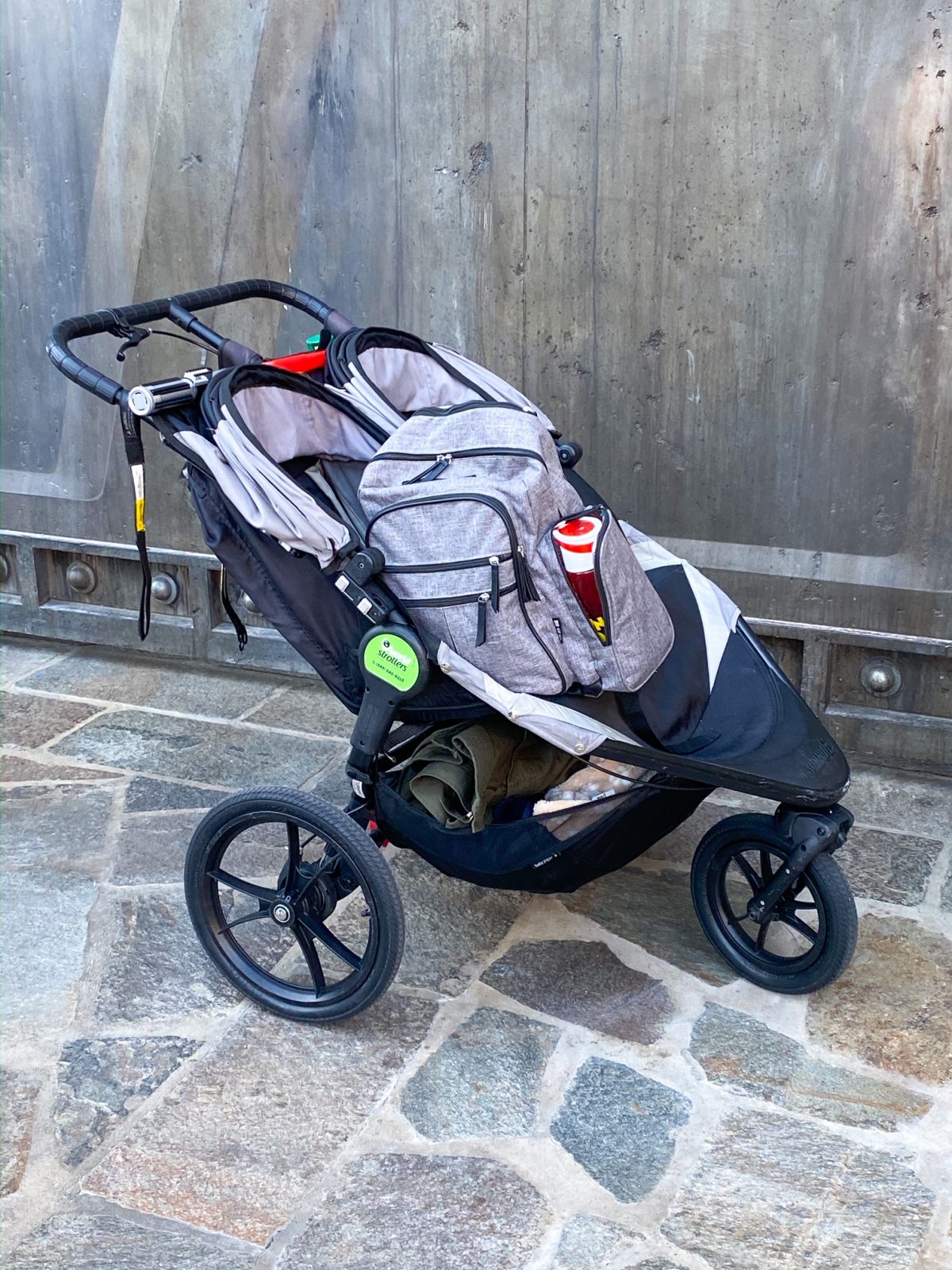 This double wide stroller is an example of strollers at Disney that you can either rent or bring in. These are not available at Disney for rental, as the parks don't have this side by side, barrier protected strollers.
