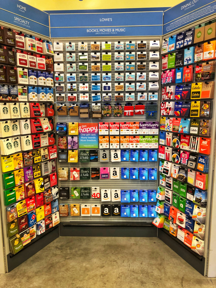 Photo of shelves of gift cards.