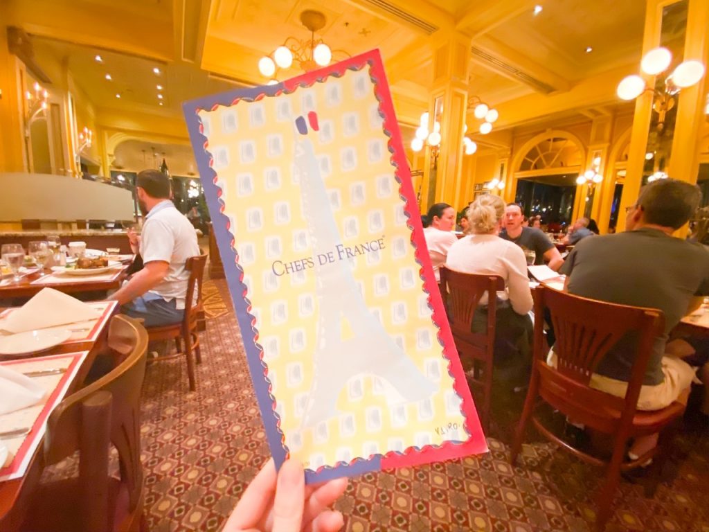 photo of the menu at Chefs de France; an excellent dining choice if you're on the disney dining plus plan