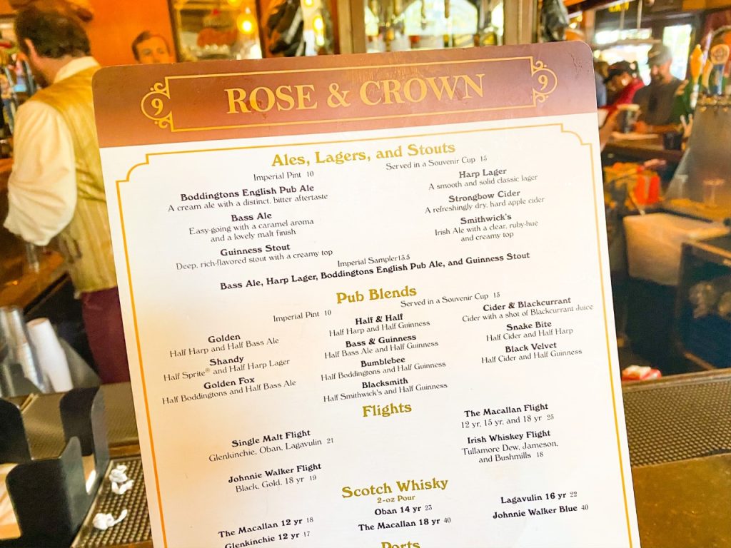 photo of the drink menu from the Rose and Crown, World Showcase