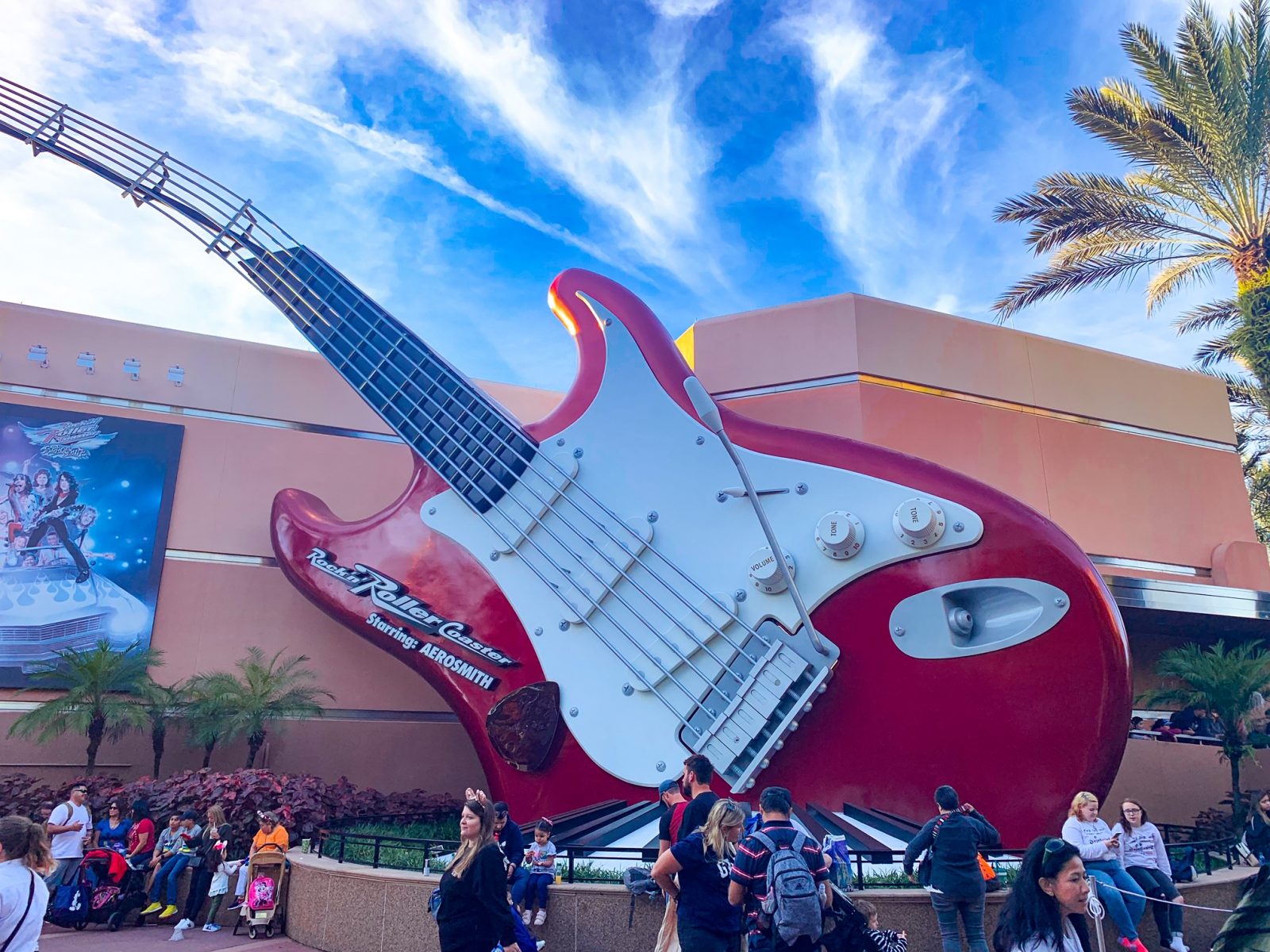 view of giant guitar in front of rock n rollercoaster