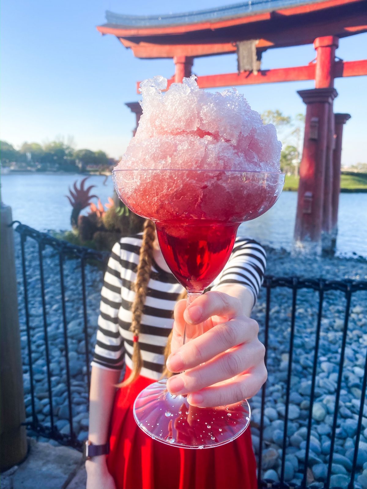 person holding out a red cocktail in front of Japanese gates for Epcot drink around the world