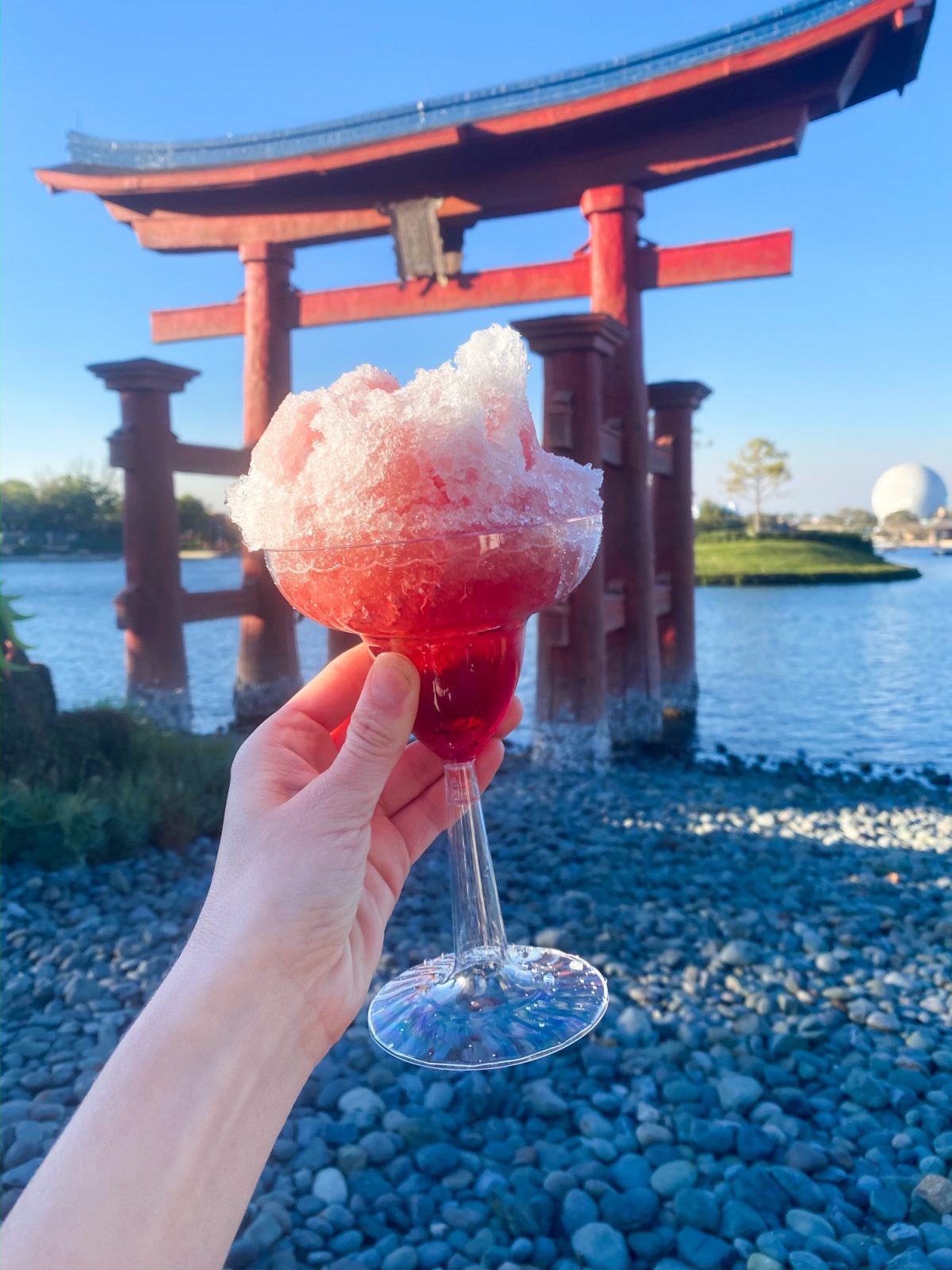 hand holding a Blackberry Sake mist in front of a japanese gate which is the best drink around the world at Epcot