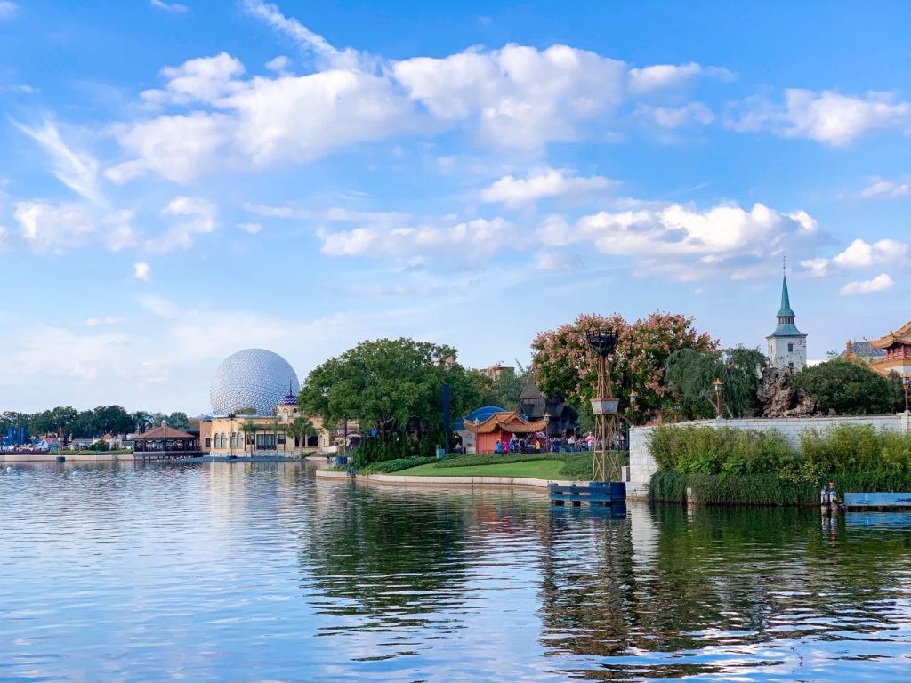 photo of the world showcase lake; definitely build in some sightseeing time in your Epcot itinerary