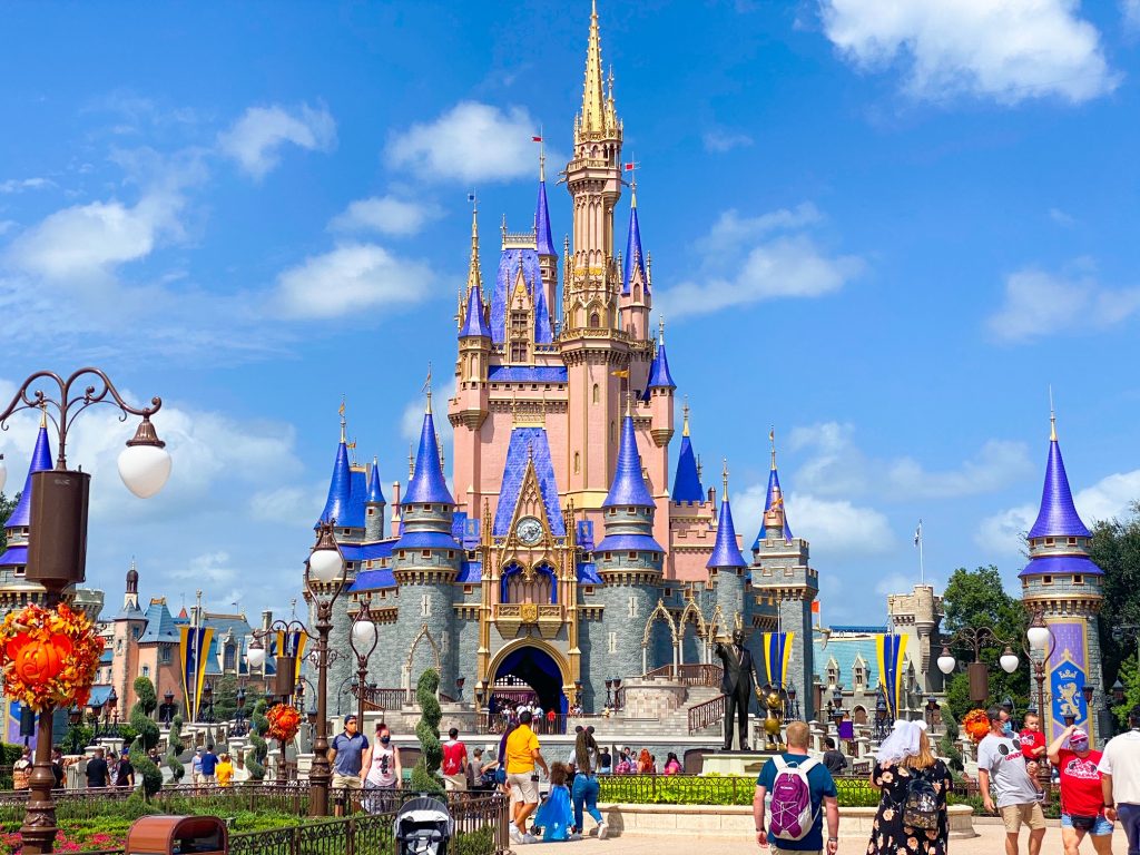 blue and pink storybook castle with crowd in front at magic kingdom