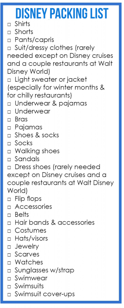 image of things to pack for Disney - clothing