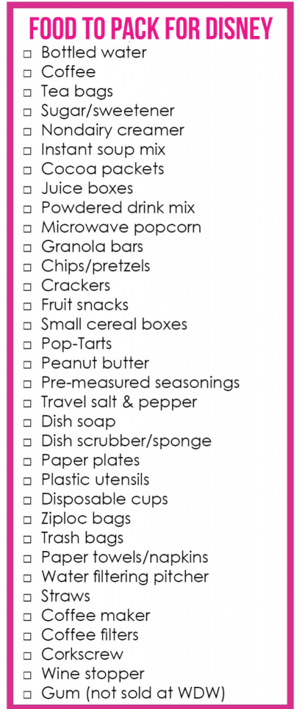 image of list of food - what should be on your Disney World packing list