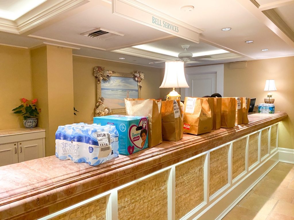 photo of groceries that have been delivered to Resort reception; things to add to disney packing list