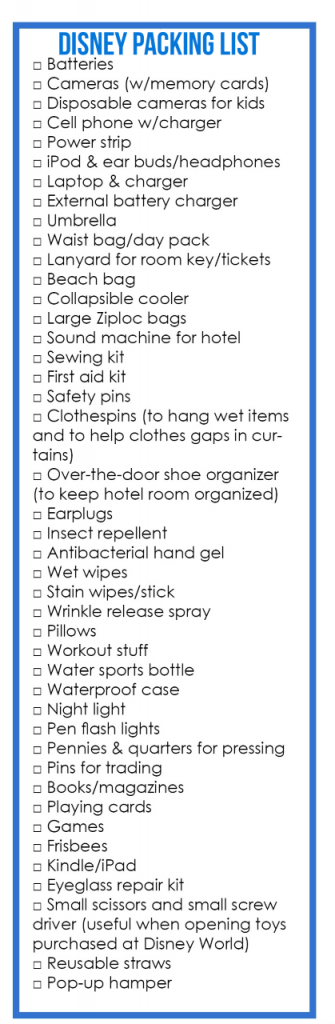 image of a full Disney packing list - miscellaneous items