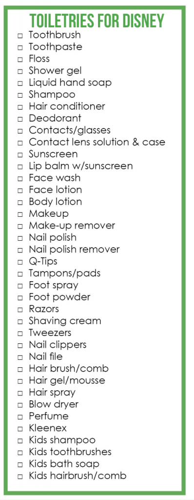 image to help with your packing for Disney - toiletries