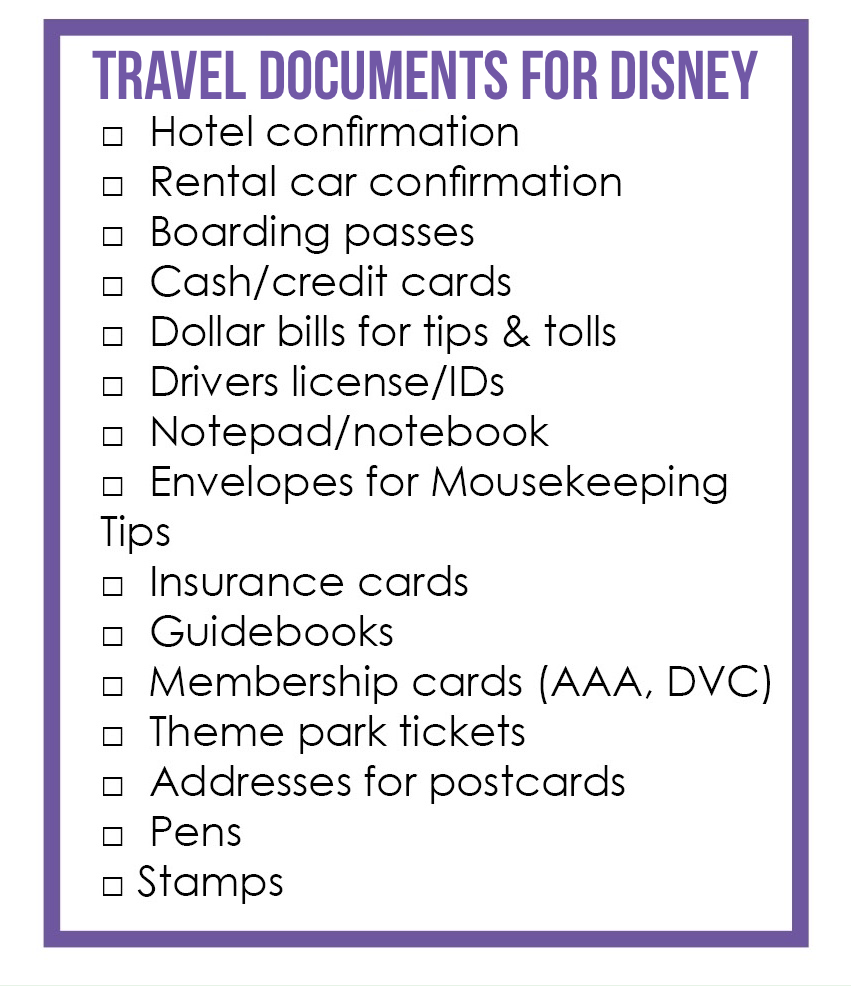 list of things to bring to Disney - travel documents