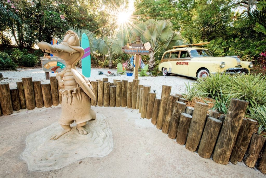 photo of Lagoona Gator, as if made of sand and other theming near the park entrance at Typhoon Lagoon, the most visited of Disney water parks