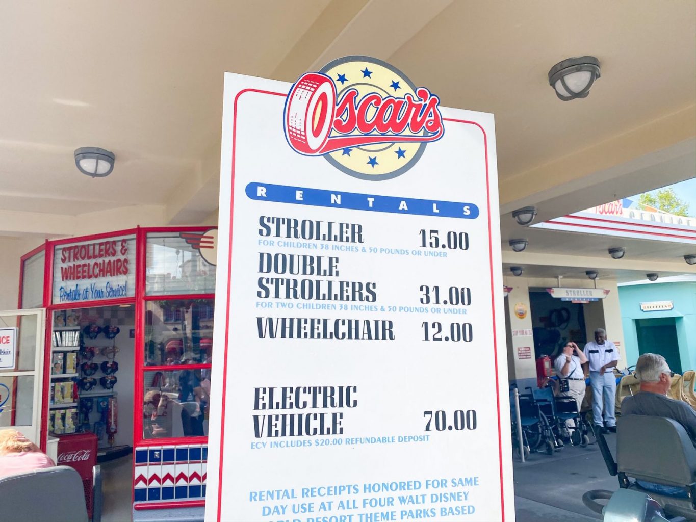 Sign of stroller, wheelchair, and ECV rentals at Disney World