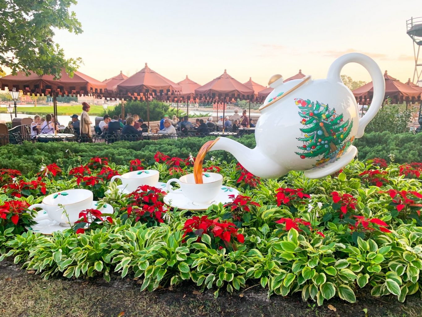 giant christmas teapot and teacups decoration in epcot