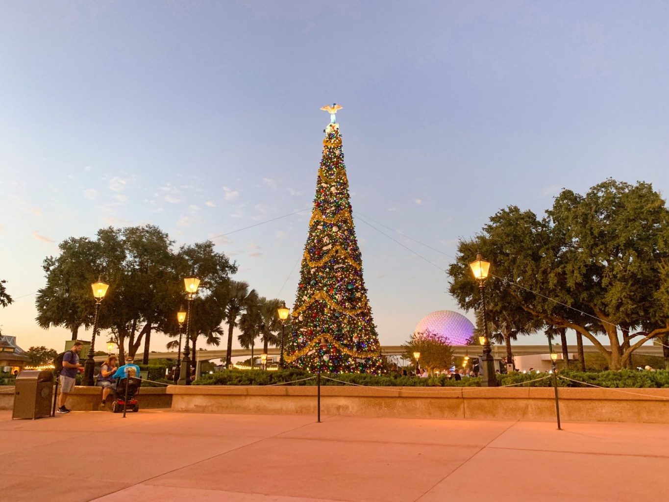 dusk view of the giant Christmas tree in Epcot