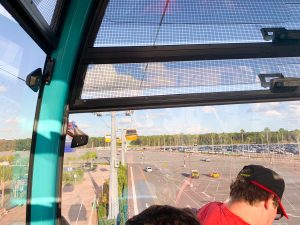 view of disney parking lot from the skyliner