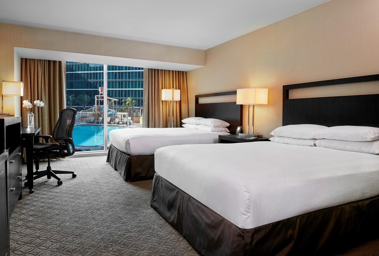 Pool view room inside the Hilton Anaheim Hotel near Disneyland
