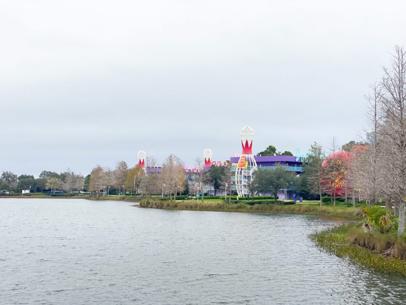 view of Hourglass Lake with Pop Century 50's section in the background