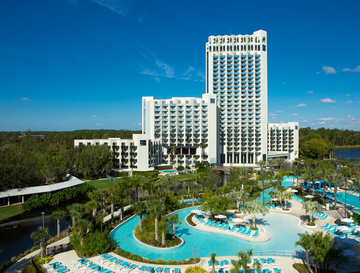 far away shot of Hilton Orlando Lake Buena Vista palace, one of the best hotels near disney world