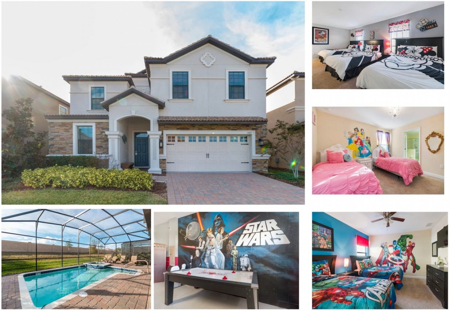 multiple pictures of the minnies house of champions vacation rental near Disney including the outside of the house, the pool, the game room, and the bedrooms