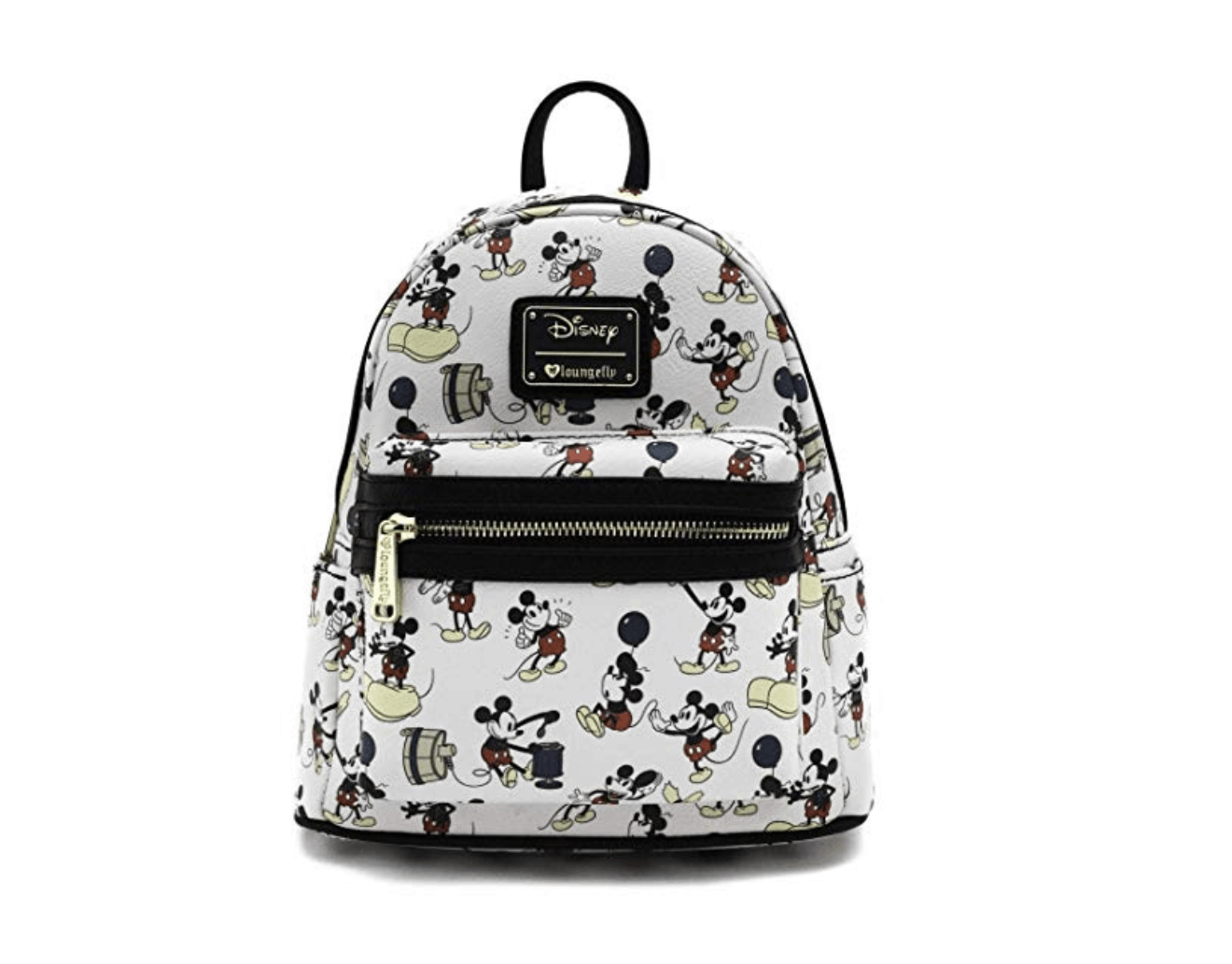 white backpack with black details and mickey mouse all over print