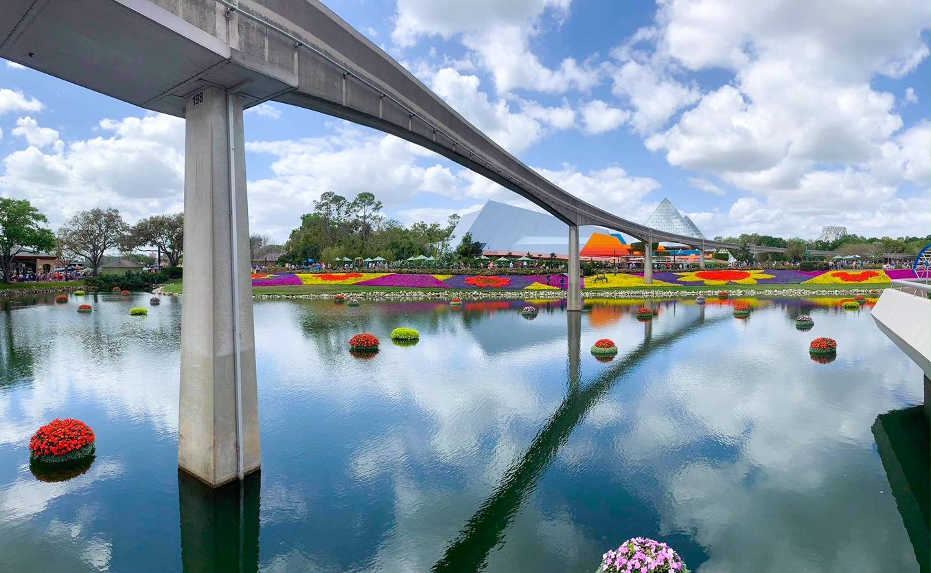 disney arrival day panorama of Epcot during flower and garden festival
