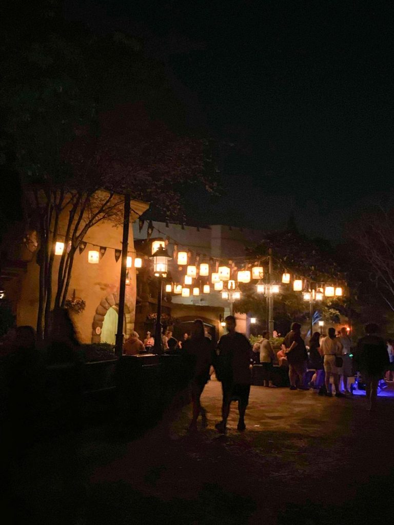 disney arrival day photo of the lanterns from tangled in Disney's magic kingdom at night