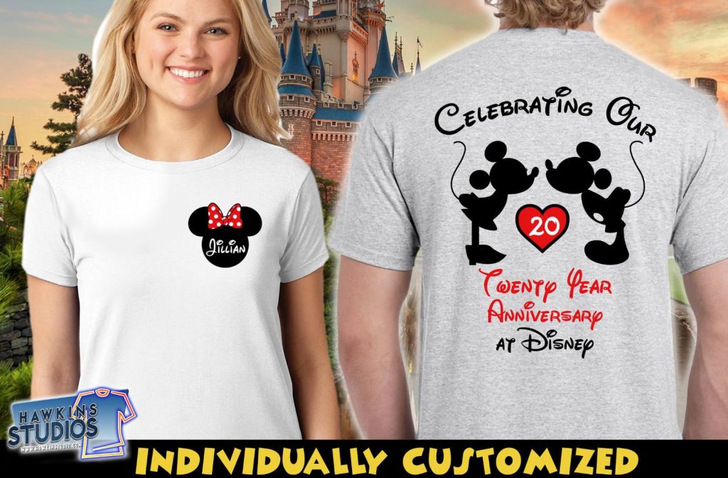 disney couple shirts celebrating anniversary with Minnie and Mickey Mouse on front and back 