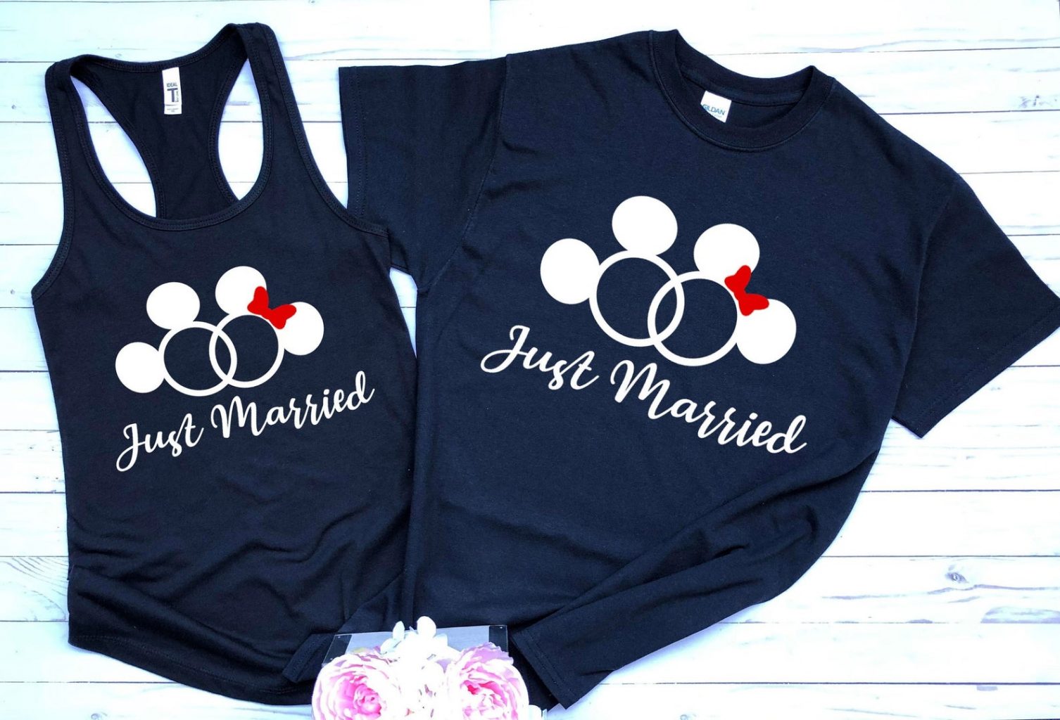 disney couple shirts navy blue just married Minnie and mickey wedding bands