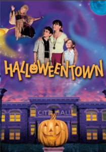pumpkin, building, three children and witch on broom Disney Halloween movies