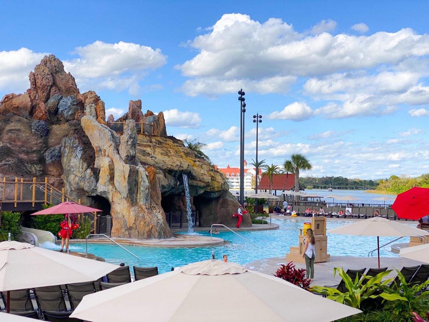 view of the Polynesian Resort pool and the volcano slide