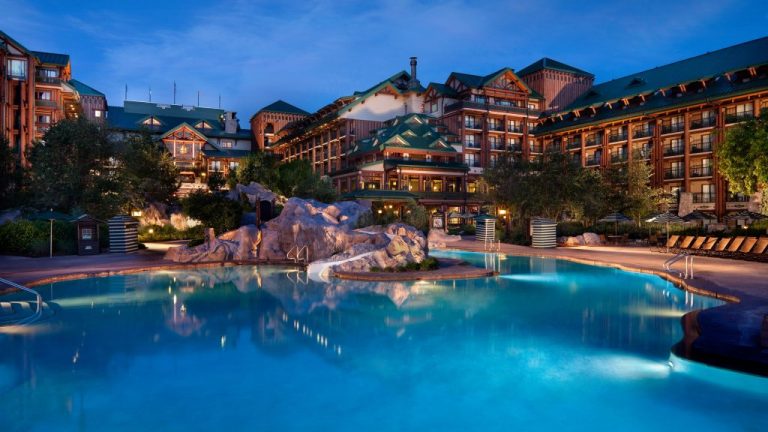 view of the wilderness lodge pool at night